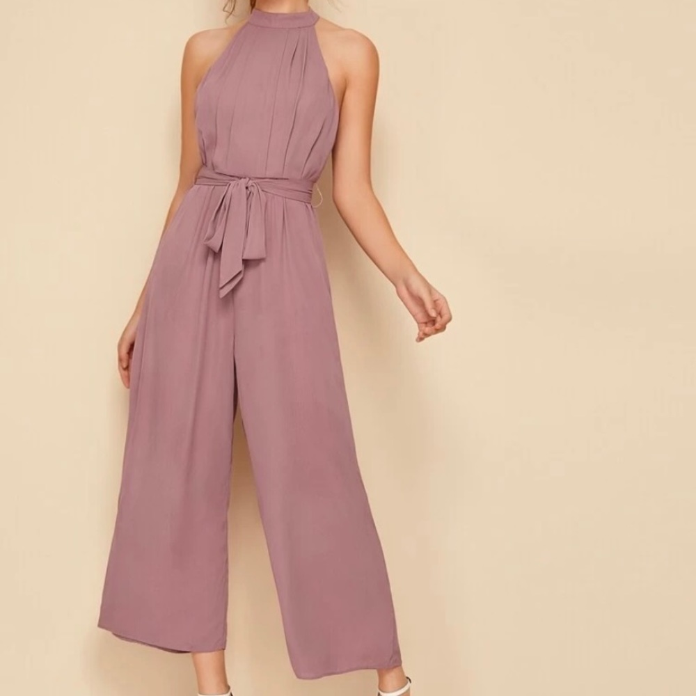 Shein split back belted halter palazzo jumpsuit